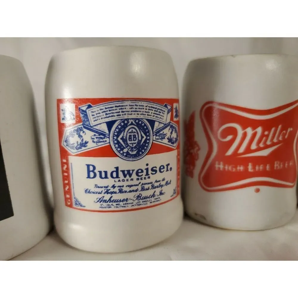Beer Mugs Shot Glasses Lot of 4 Barware Budweiser Miller Strohs Michelob Mancave
